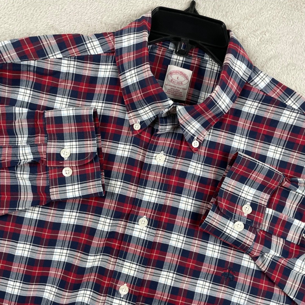 Brooks Brothers Shirt Mens Large Red Plaid Supima Non Iron Logo Button Down